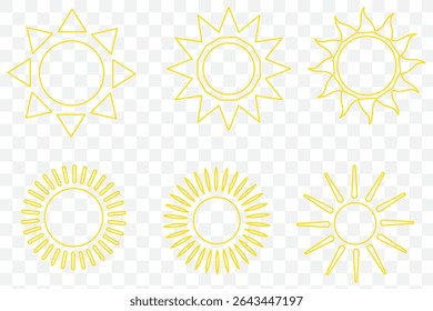 Sun vector illustration set in yellow color. Sun icon set. Yellow sun icons. Sunset icon collection. Yellow sun star icons. Solar energy. Vector illustration 