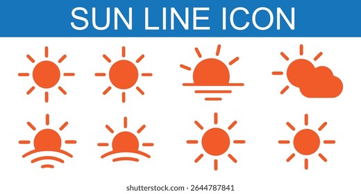 Sun vector illustration set in yellow color. Sun icon set. Yellow sun icons. Sunset icon collection. Yellow sun star icons. Solar energy. Vector illustration