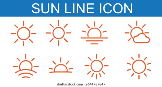 Sun vector illustration set in yellow color. Sun icon set. Yellow sun icons. Sunset icon collection. Yellow sun star icons. Solar energy. Vector illustration