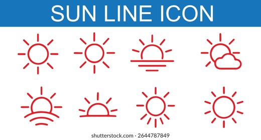 Sun vector illustration set in yellow color. Sun icon set. Yellow sun icons. Sunset icon collection. Yellow sun star icons. Solar energy. Vector illustration