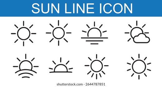 Sun vector illustration set in yellow color. Sun icon set. Yellow sun icons. Sunset icon collection. Yellow sun star icons. Solar energy. Vector illustration