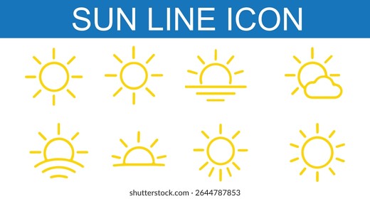 Sun vector illustration set in yellow color. Sun icon set. Yellow sun icons. Sunset icon collection. Yellow sun star icons. Solar energy. Vector illustration