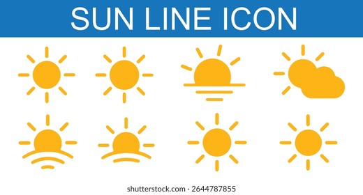 Sun vector illustration set in yellow color. Sun icon set. Yellow sun icons. Sunset icon collection. Yellow sun star icons. Solar energy. Vector illustration