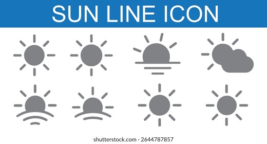 Sun vector illustration set in yellow color. Sun icon set. Yellow sun icons. Sunset icon collection. Yellow sun star icons. Solar energy. Vector illustration