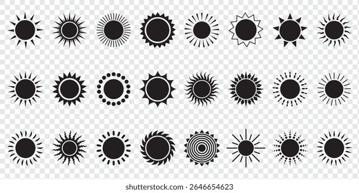 Sun vector illustration set in yellow color. Sun icon set. Yellow sun icons. Sunset icon collection. Yellow sun star icons. Solar energy. Vector illustration