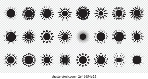 Sun vector illustration set in yellow color. Sun icon set. Yellow sun icons. Sunset icon collection. Yellow sun star icons. Solar energy. Vector illustration
