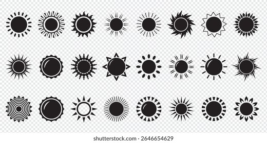 Sun vector illustration set in yellow color. Sun icon set. Yellow sun icons. Sunset icon collection. Yellow sun star icons. Solar energy. Vector illustration