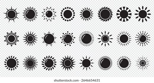 Sun vector illustration set in yellow color. Sun icon set. Yellow sun icons. Sunset icon collection. Yellow sun star icons. Solar energy. Vector illustration