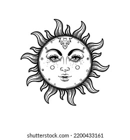 Sun. Vector illustration in vintage engraving style. Tattoo, astrology, alchemy, boho and magic symbol. Coloring book.