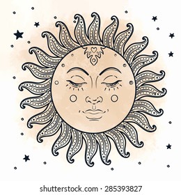 Sun. Vector illustration in vintage engraving style.