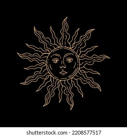 Sun vector linear illustration. Hand drawn celestial illustrations. Design elements for decoration in modern style. magical drawings. Vector modern print.