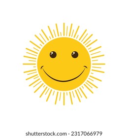 The sun. Vector positive illustration of a yellow smiling sun with joyful emotions, with beautiful rays. Icon. Cartoon children s vector image isolated on a white background.