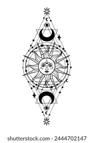 Sun vector, Sacred Geometry magic and esoteric philosophies tattoo celestial boho line art tatoo, vintage style
