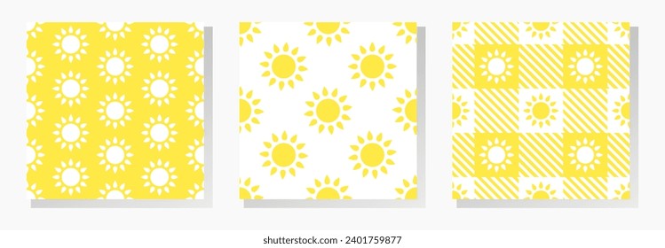 Sun vector seamless patterns collection in yellow and white colors. Best for textile, wallpapers, home decoration, wrapping paper, package and web design.