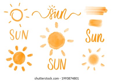 Sun Vector set of different isolated, hand drawn illustration, logo and calligraphy inscription