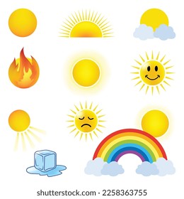 Sun vector set, Different types of sun illustration, Cloudy, melting ice cube under the sun, Cute happy and sad emoji sun, rainbow.