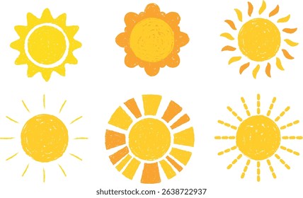 Sun Vector Set, Hand-drawn Style, Isolated on White Background.