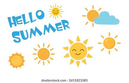 Sun vector set. Hello summer element. Smiling sun clipart in flat cartoon style isolated on white background.