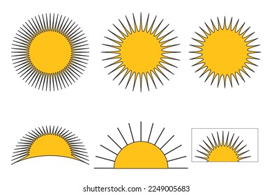 sun vector, Set of sun icons, Set of vector silhouettes in the form of sun, Contours similar to stars. May be used as a sign of award, logos template or emblem, yellow  color sun, eps10