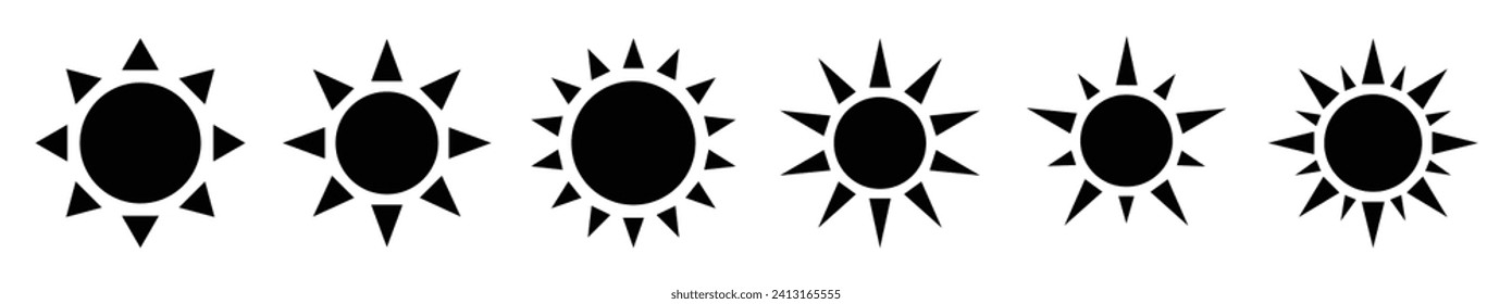 Sun vector set of six in black color on white background. Sun simple icons collection. Set of sun icon in silhouette design. Vector illustration