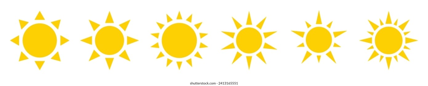 Sun vector set of six in yellow color on white background. Sun simple icons collection. Yellow sun icon set, sunshine and solar glow, sunrise or sunset. Vector illustration.
