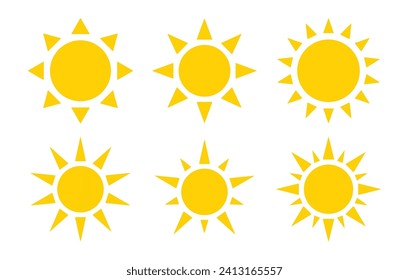 Sun vector set of six in yellow color. Sun simple icons collection. Yellow sun icon set, sunshine and solar glow, sunrise or sunset. Vector illustration.