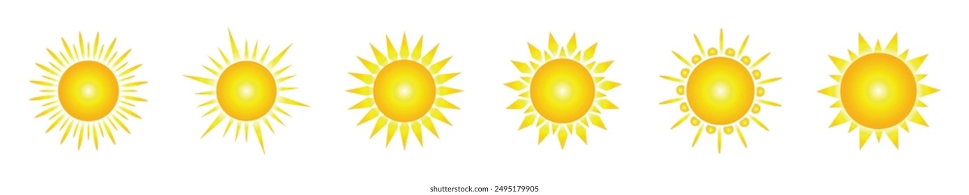 Conjunto de Vector solar de seis en color amarillo en estilo degradado sobre fondo blanco. Colección de iconos simples de Sun. Icono de sol amarillo, sol y resplandor solar, amanecer o atardecer. Ilustración vectorial.