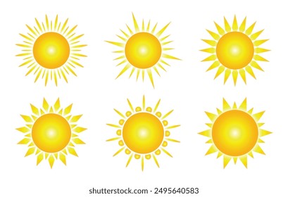 Conjunto de Vector solar de seis en color amarillo en estilo degradado sobre fondo blanco. Colección de iconos simples de Sun. Icono de sol amarillo, sol y resplandor solar, amanecer o atardecer. Ilustración vectorial.