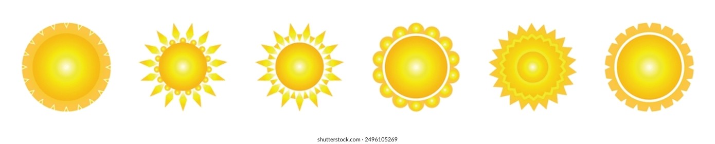 Conjunto de Vector de sol de seis en color amarillo en estilo degradado sobre fondo blanco. Colección de iconos simples de Sun. Icono de sol amarillo puesto, sol y resplandor solar, salida o puesta del sol. Ilustración vectorial.