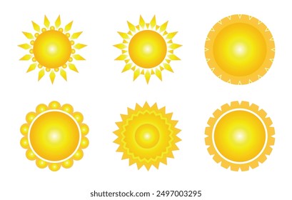 Conjunto de Vector de sol de seis en color amarillo en estilo degradado sobre fondo blanco. Colección de iconos simples de Sun. Icono de sol amarillo puesto, sol y resplandor solar, salida o puesta del sol. Ilustración vectorial.