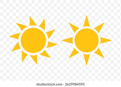 Sun vector set of two in yellow color on white background. Sun simple icons collection. Yellow sun icon set, sunshine and solar glow, sunrise or sunset. Vector illustration. EPS 10