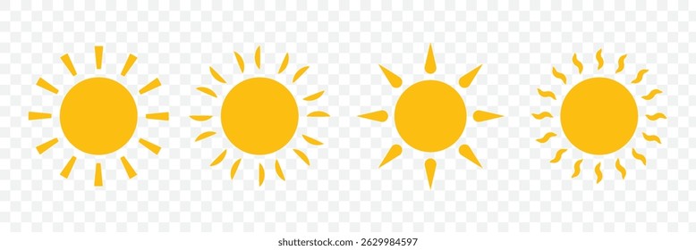 Sun vector set of two in yellow color on white background. Sun simple icons collection. Yellow sun icon set, sunshine and solar glow, sunrise or sunset. Vector illustration. EPS 10