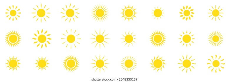 Sun vector set  yellow color . Sun simple icons collection. Yellow sun icon set, sunshine and solar glow . Vector illustration isolated on white background. 