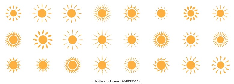 Sun vector set  yellow color . Sun simple icons collection. Yellow sun icon set, sunshine and solar glow . Vector illustration isolated on white background. 