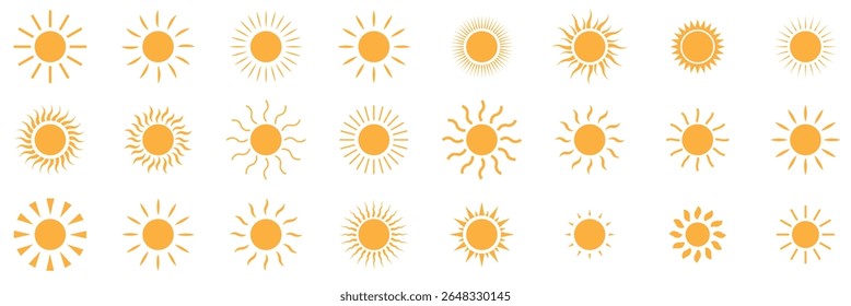 Sun vector set  yellow color . Sun simple icons collection. Yellow sun icon set, sunshine and solar glow . Vector illustration isolated on white background. 