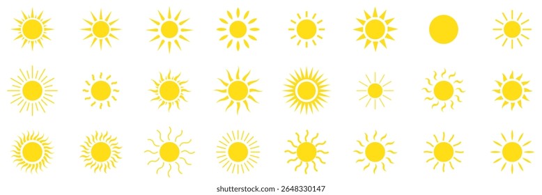 Sun vector set  yellow color . Sun simple icons collection. Yellow sun icon set, sunshine and solar glow . Vector illustration isolated on white background. 