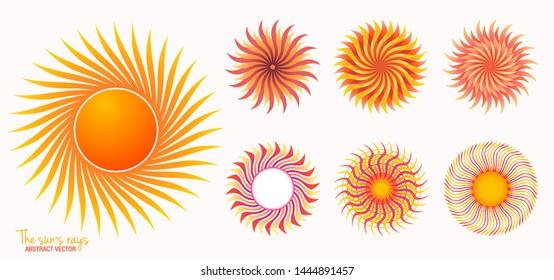 Sun of vector set. Yellow sun icon set isolated on white background. Modern flat illustration sunlight, sun rays, sign. Simple geometric shapes. Trendy vector summer symbol for website design.