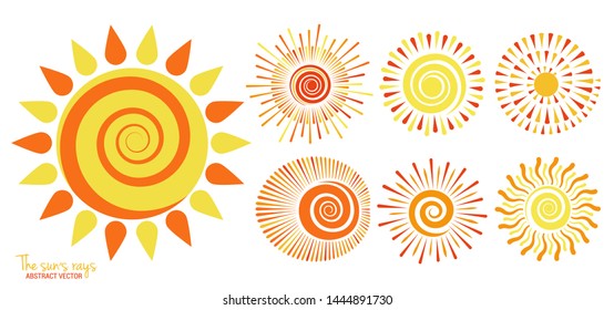 Sun of vector set. Yellow sun icon set isolated on white background. Modern flat illustration sunlight, sun rays, sign. Simple geometric shapes. Trendy vector summer symbol for website design.