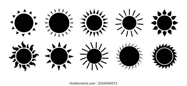 Sun vector silhouette set in black colour. Sun icon set. Black sun icon collection. Summer, sunlight, nature, weather icon sky. Vector illustration isolated on white background.