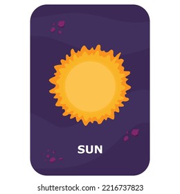 Sun. Vector Space flash card. English language game with cute astronaut, rocket, planet, comet, alien for kids. Astronomy flashcards with funny characters. Simple educational printable worksheet