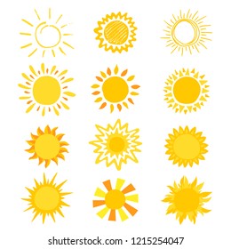 Sun vector sunny icon with yellow sunlight and sunshine emoticon illustration set of bright sunburst weather sunset or sunrise sign isolated on white background