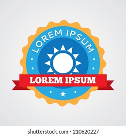 sun vintage badge, label icon. Blue with red ribbon 