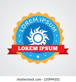 sun vintage badge, label icon. Blue with red ribbon 