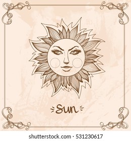 Sun. Vintage stylized outline drawing of the Sun. The symbols of astrology and astronomy.