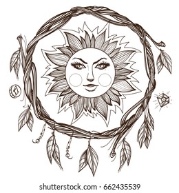 Sun. Vintage stylized outline drawing of the Sun with a face. Boho style. Vector illustration for tattoos, design t-shirts, coloring pages and other items.