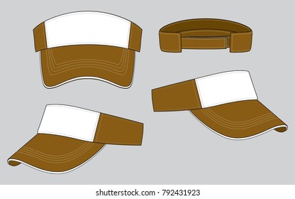 Sun Visor Cap Design Brown-White. White Sandwich With Adjustable Hook And Loop Tape Closure Vector.
