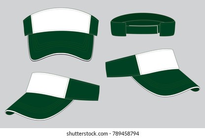 Sun Visor Cap Design Dark Green-White. White Sandwich With Adjustable Hook And Loop Tape Closure Vector.