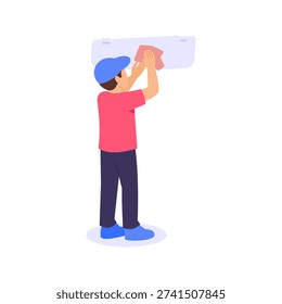 Sun Visor Wiping, cleaning interior sun shade panel, Flat vector character illustration