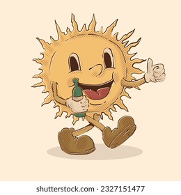 mascota que camina al sol con cerveza y pulgares hacia arriba. vibraciones tropicales. ilustración vectorial de mascota solar