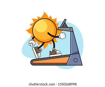 Sun walking on treadmill cartoon. Mascot Character vector.